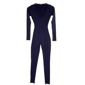 Naked Wardrobe S Womens Long Sleeve Ribbed Jumpsuit Bodysuit V Neck Navy